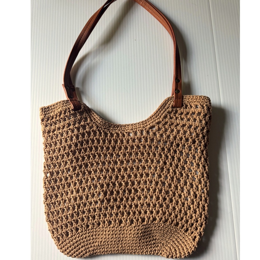 Tan Crochet Mesh Tote Bag Brown Faux Leather Straps Boho Market Beach Bag Womens